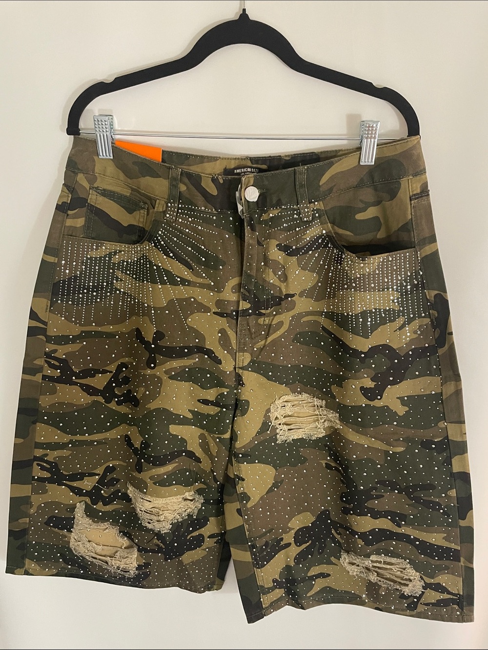 Camouflage Distressed Jorts with Rhinestone Details